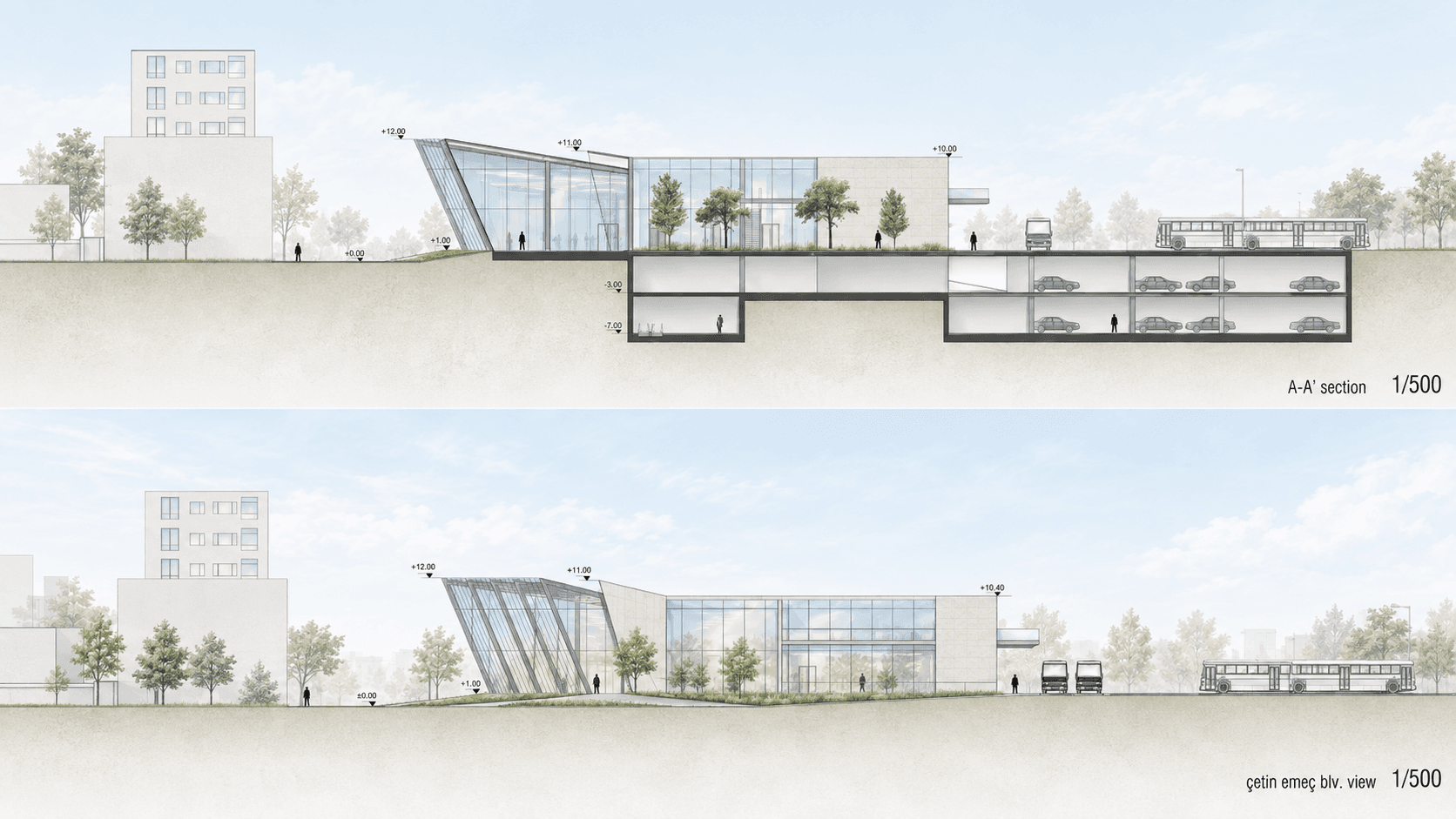 Bostancı Transportation Hub section and elevation