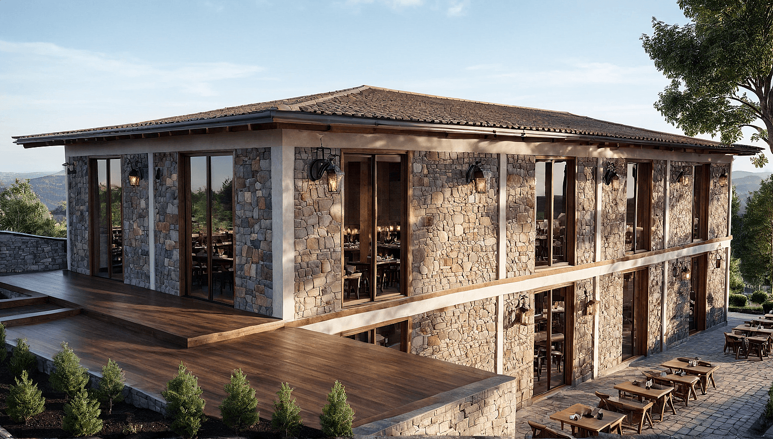 Nişantepe Recreation Area exterior with stone walls and timber terraces