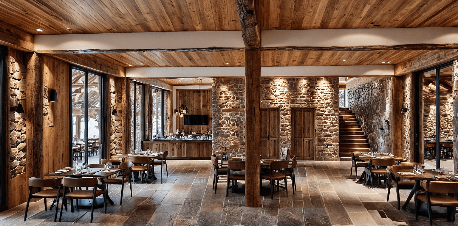 Nişantepe Recreation Area restaurant interior with timber beams and stone walls