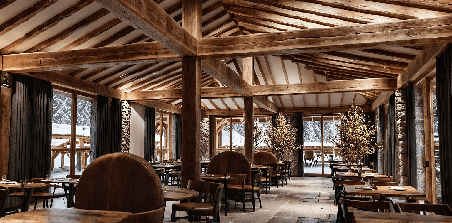 Nişantepe Recreation Area dining interior with exposed timber roof and glazed openings
